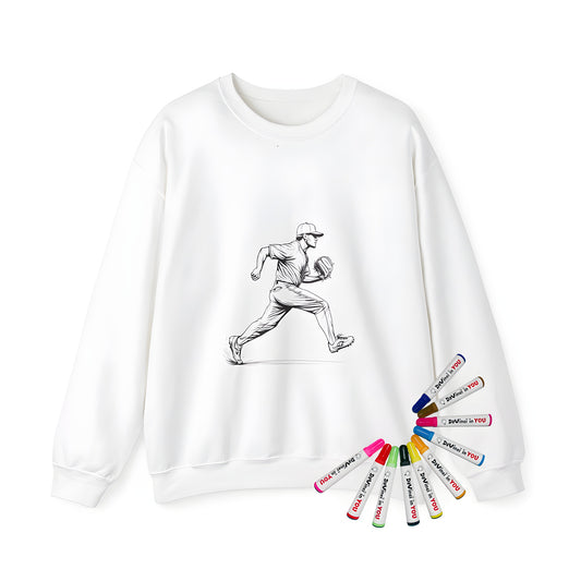 Adult sweatshirt with baseball player design, featuring a pitcher in action