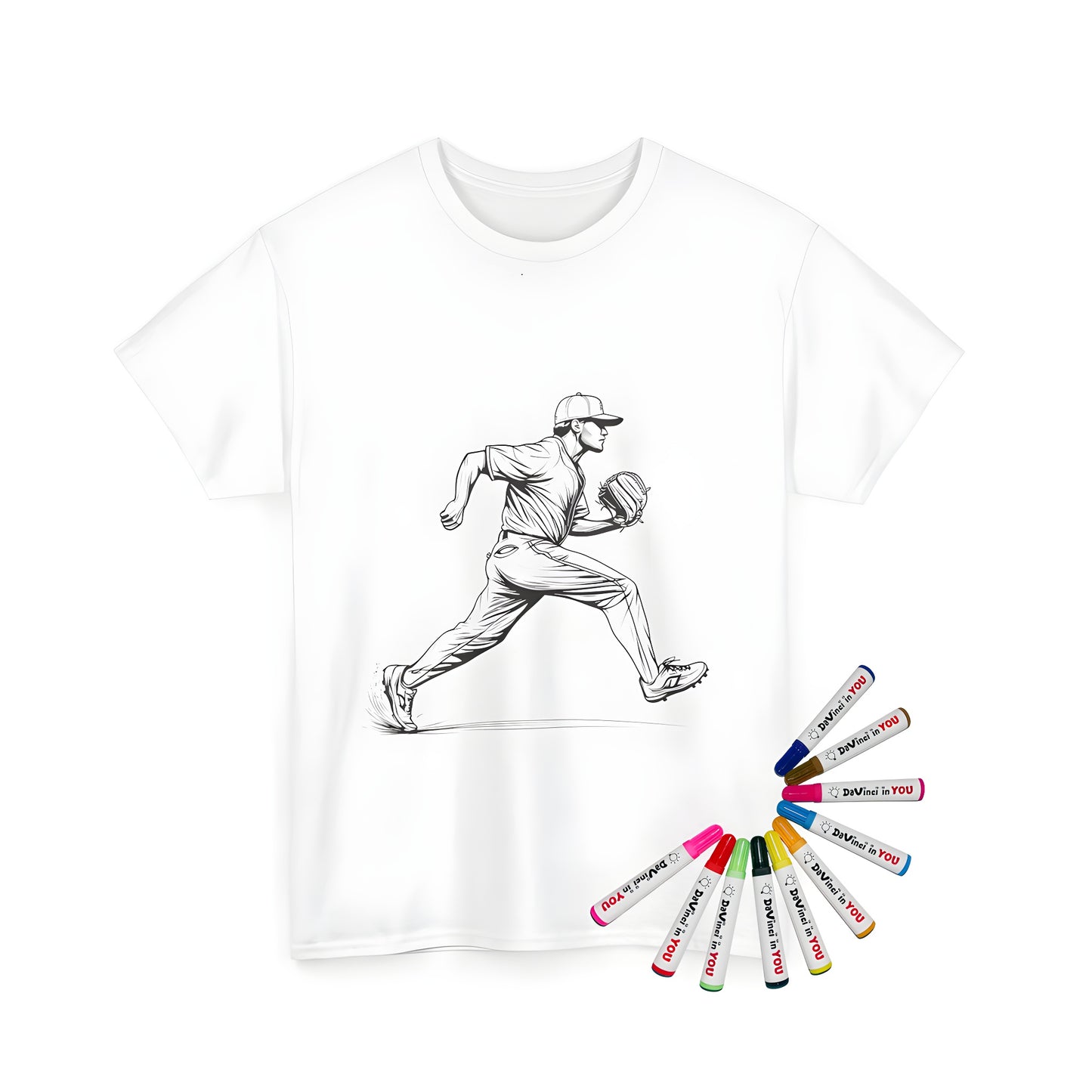 Unisex T-shirt with baseball pitcher line art design, colorful and fun