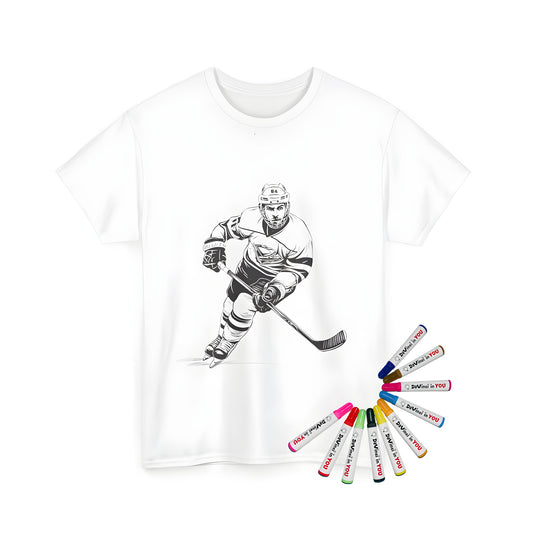 Unisex t-shirt with ice hockey player coloring page design