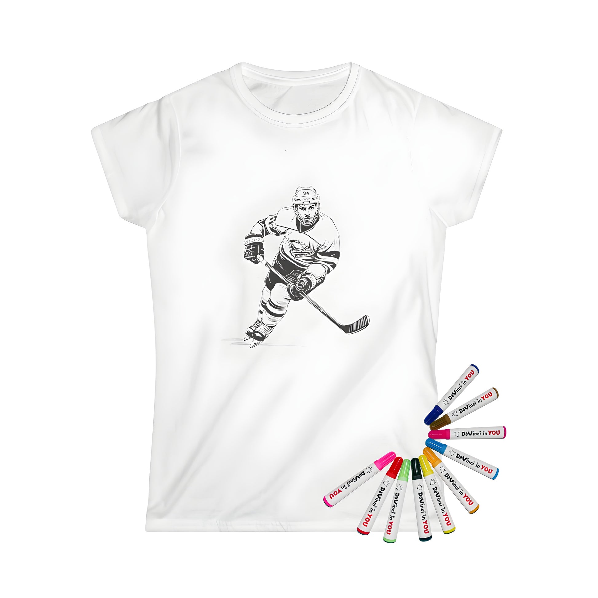 Black and white drawing of an ice hockey player skating with a hockey stick, in full gear and uniform on a Women's T-shirt