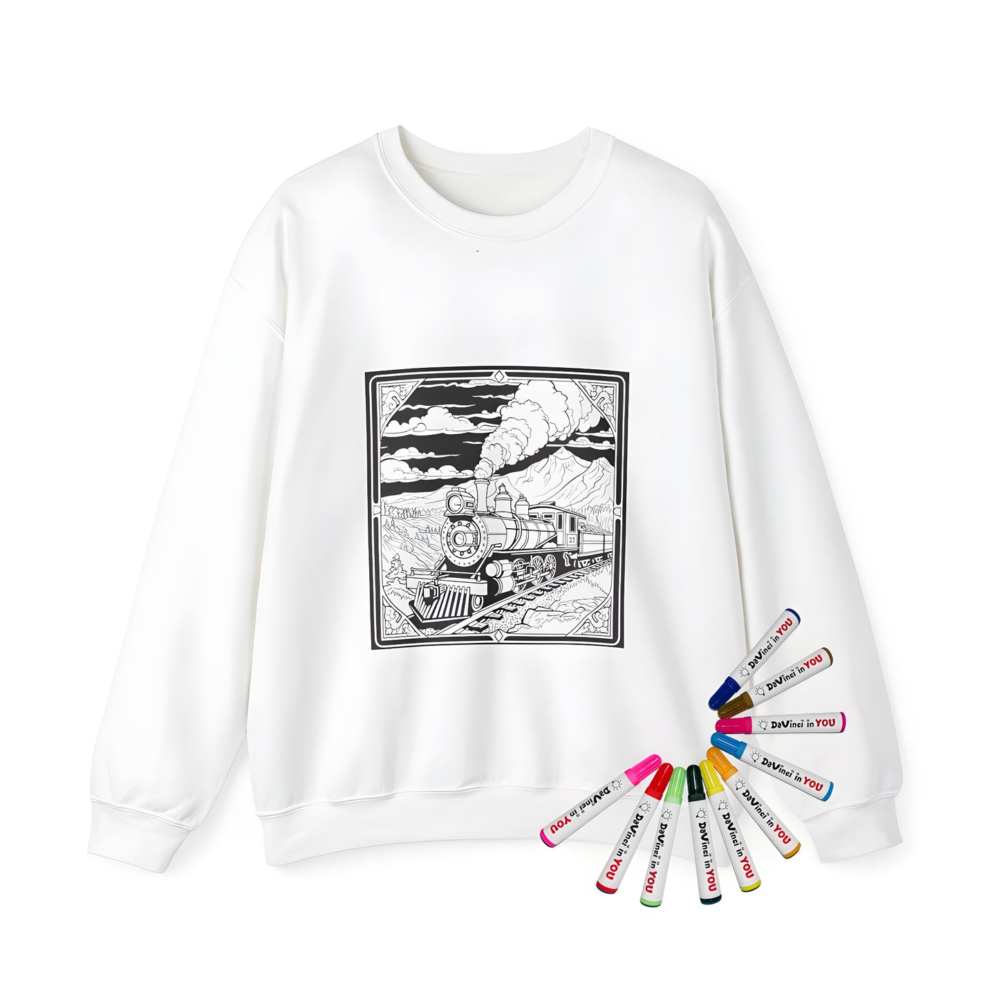 Adult sweatshirt featuring a colorful steam locomotive design with mountains and clouds