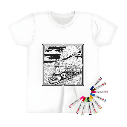 A colorful kids t-shirt featuring a steam train design traveling through mountains with smoke rising from its chimney against a cloudy sky.