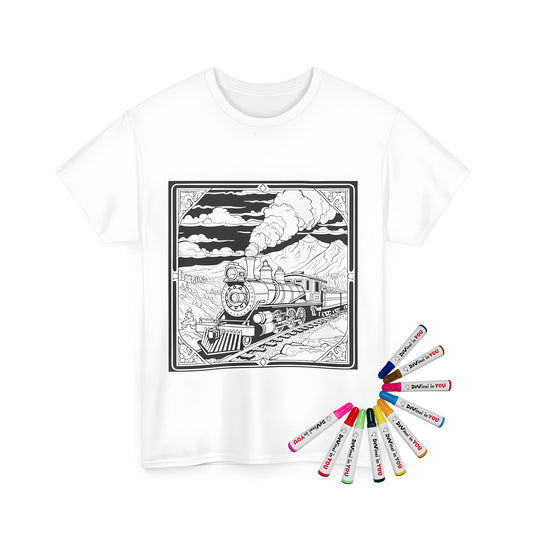 A child's coloring kit for a unisex t-shirt featuring an illustration of a locomotive train traveling through mountains, smoke rising from its chimney set against a cloudy sky. Includes 10 fabric markers.