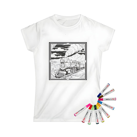 Women's t-shirt featuring colorful steam locomotive art, train design, railway illustration on cotton fabric