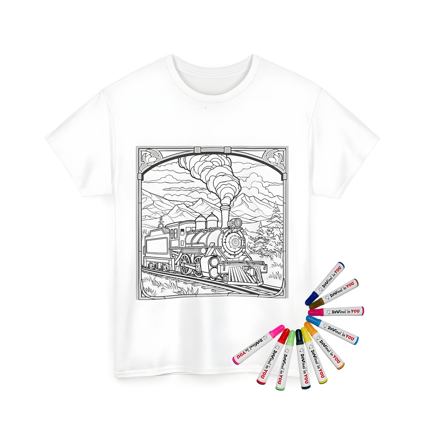 Colouring kit for men and women's unisex t-shirts featuring a detailed locomotive train illustration