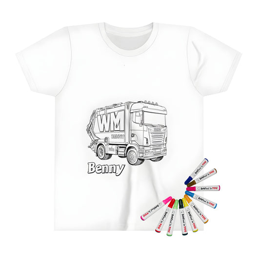 Colorful Kid's T-shirt featuring an Outline of Benny the Garbage Truck with large WM sign