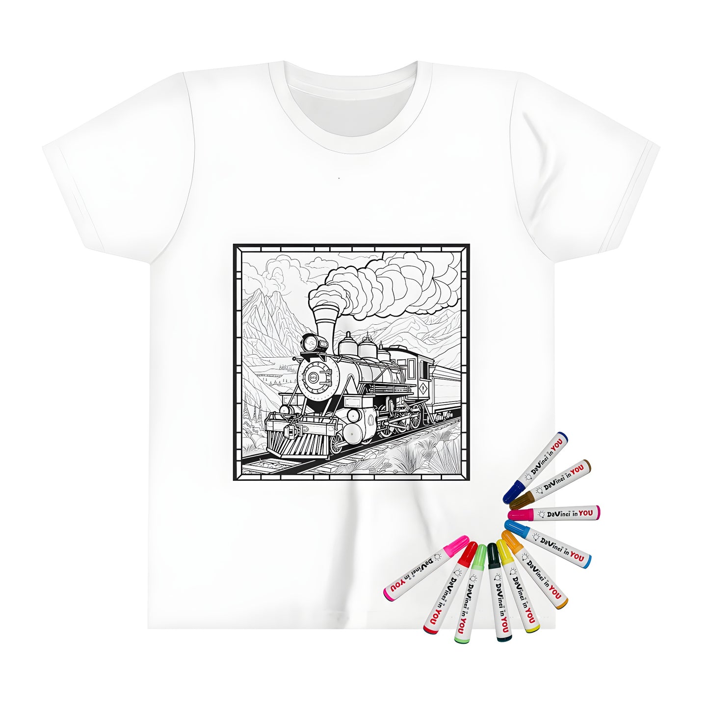 Colorful kid's t-shirt with detailed drawing of locomotive train on tracks against mountains and clouds