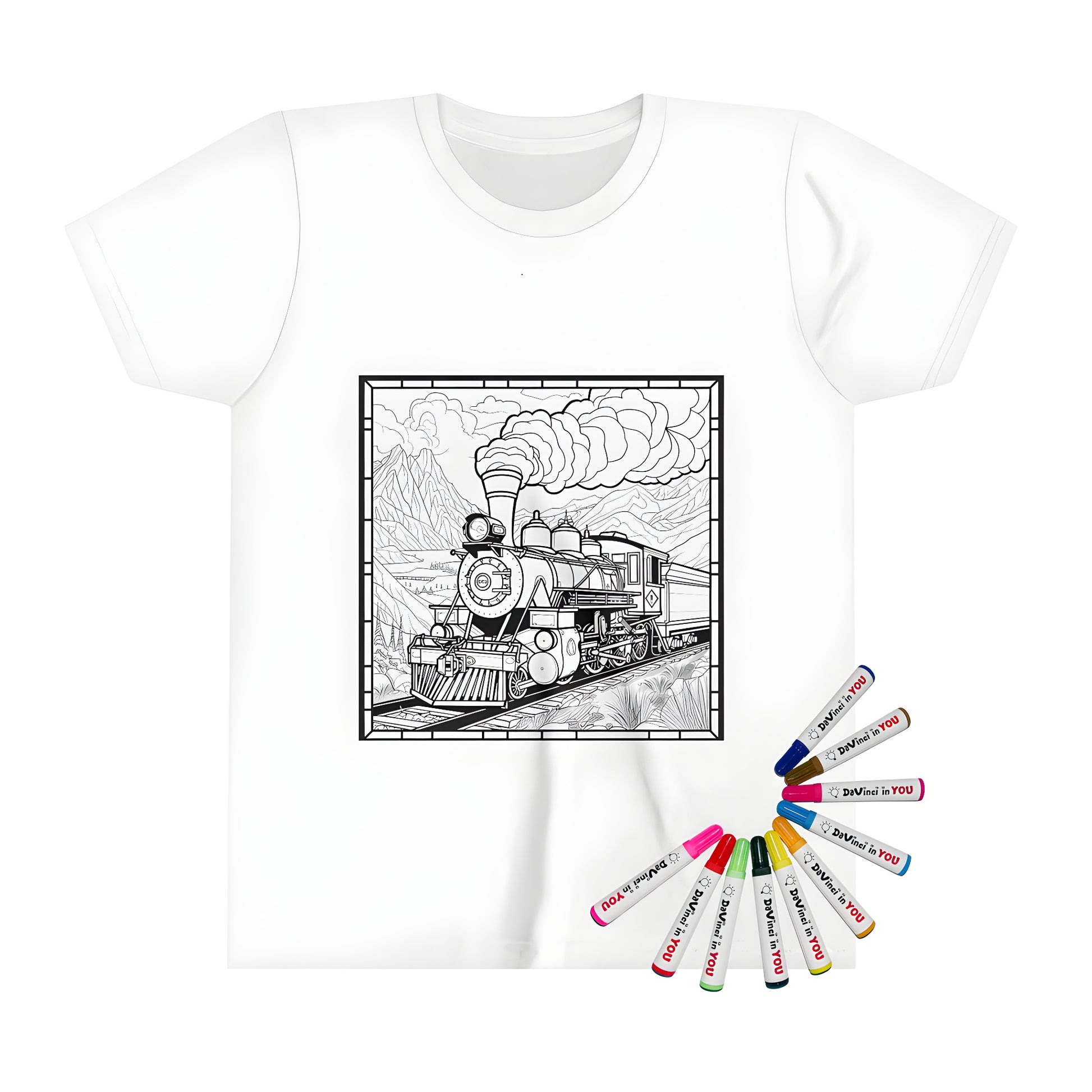 Colorful kid's t-shirt with detailed drawing of locomotive train on tracks against mountains and clouds