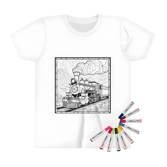 Colorful kid's t-shirt with detailed drawing of locomotive train on tracks against mountains and clouds