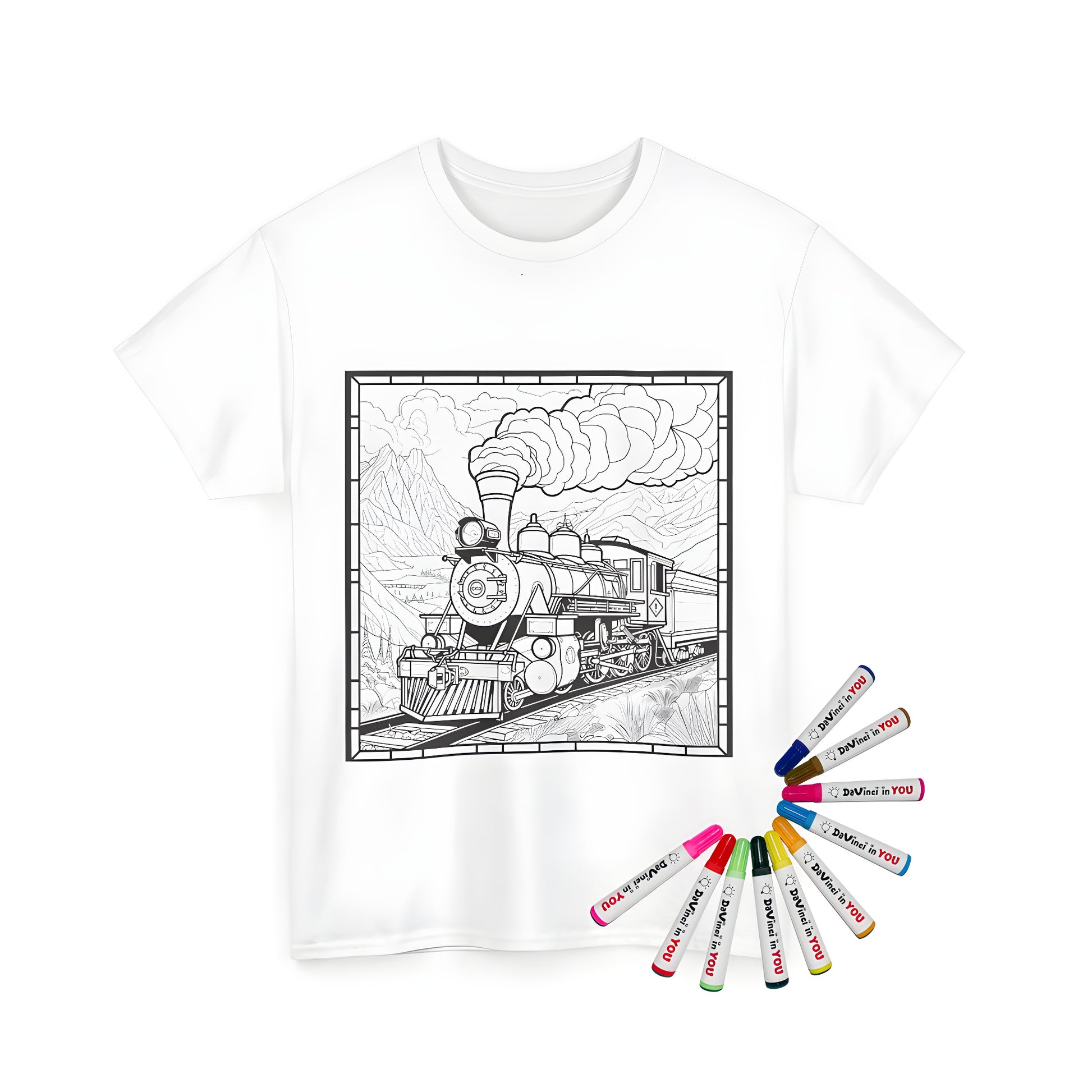 Unisex T-shirt featuring a colorful steam locomotive illustration on a black and white background with mountains and clouds. Perfect for train enthusiasts and coloring fans.