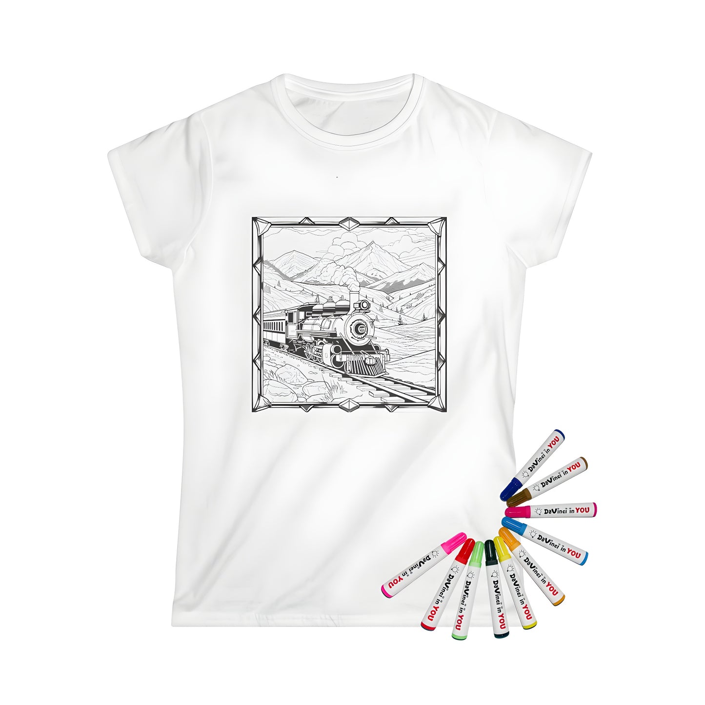 Women's t-shirt featuring an intricately designed coloring page of a locomotive train traveling through a scenic mountainous landscape, complete with detailed smoke and railroad tracks, perfect for train enthusiasts and steam engine fans.