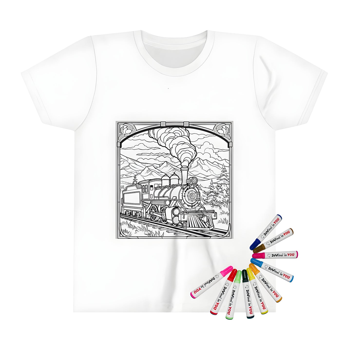 A colorful Kid's T-shirt featuring an illustration of a locomotive train, chugging along through mountains and forests, perfect for little ones who love trains.