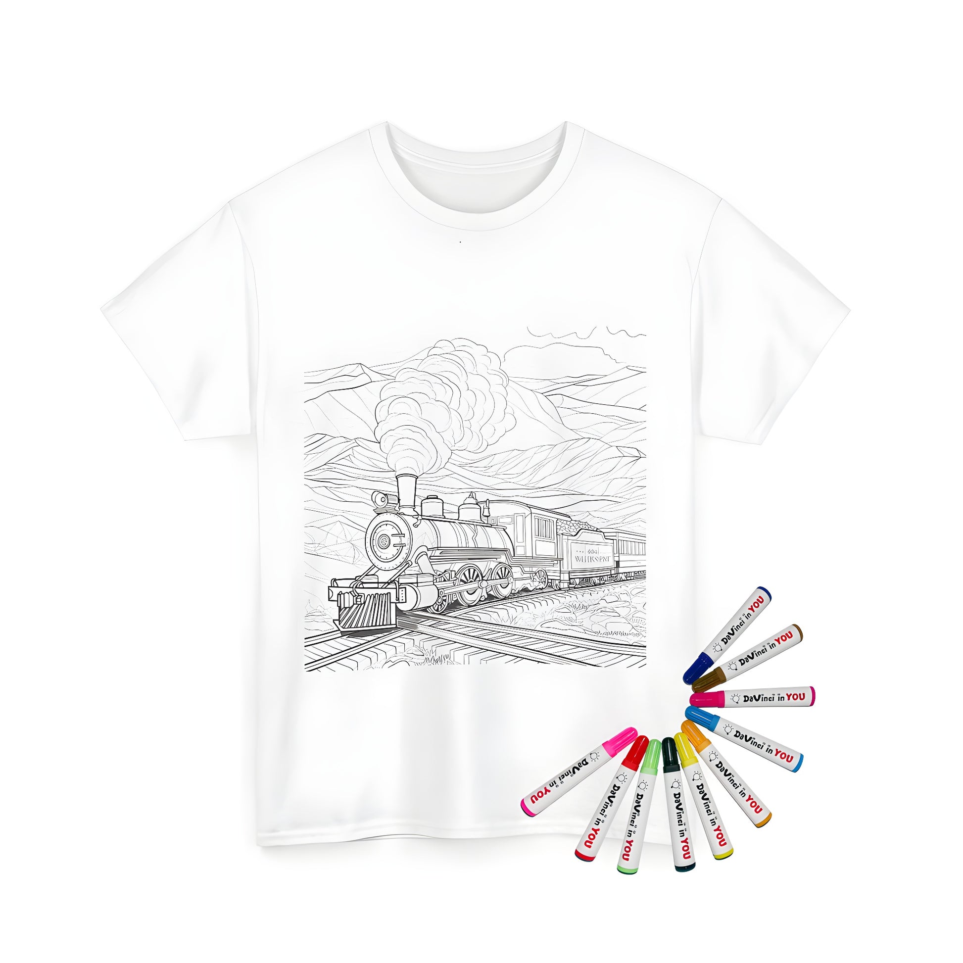 Coloring kit for adults and kids featuring a steam engine train design printed on a unisex t-shirt