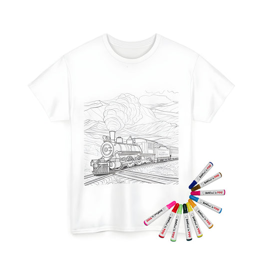 Coloring kit for adults and kids featuring a steam engine train design printed on a unisex t-shirt