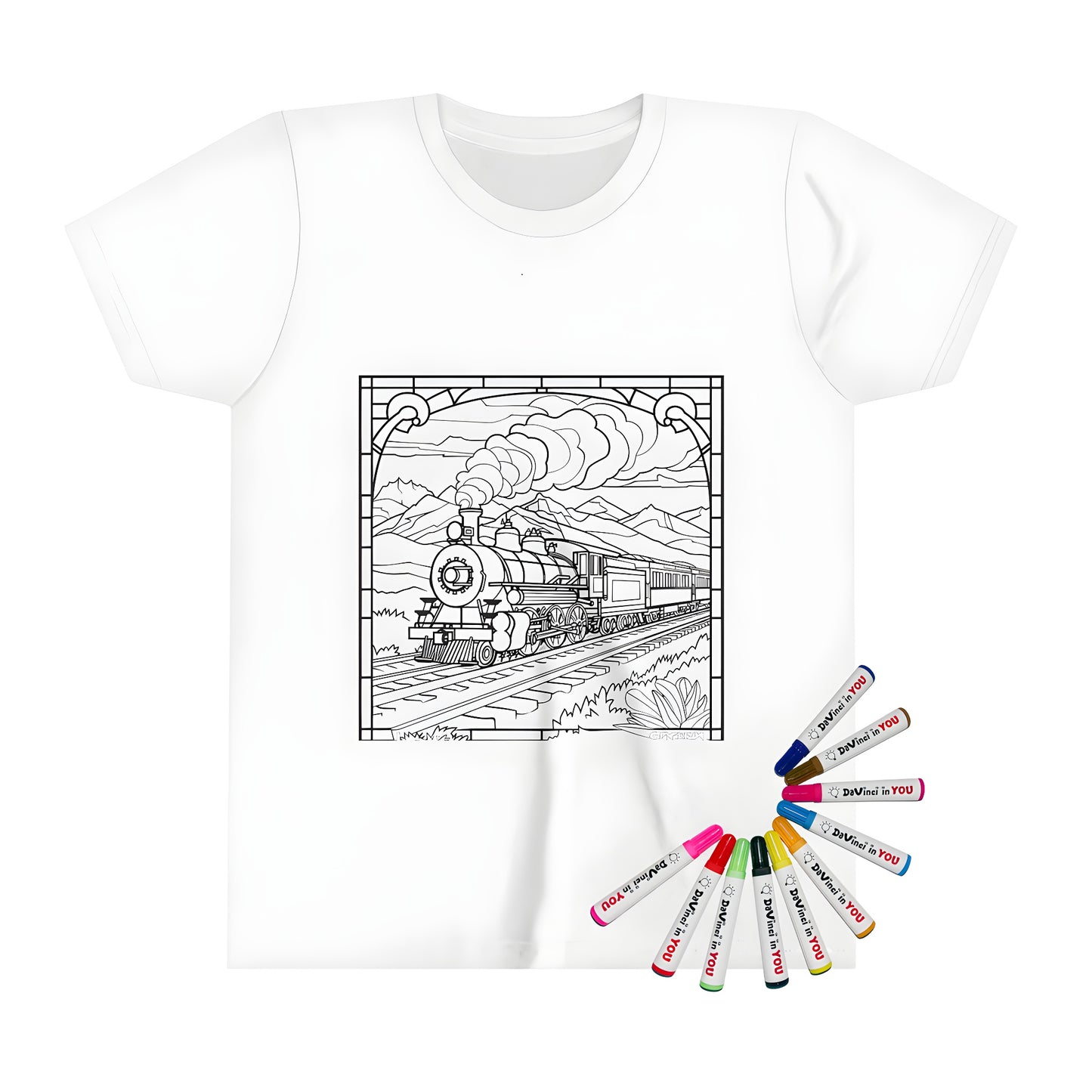 Kid's t-shirt featuring an engaging steam locomotive artwork of mountains and train scene