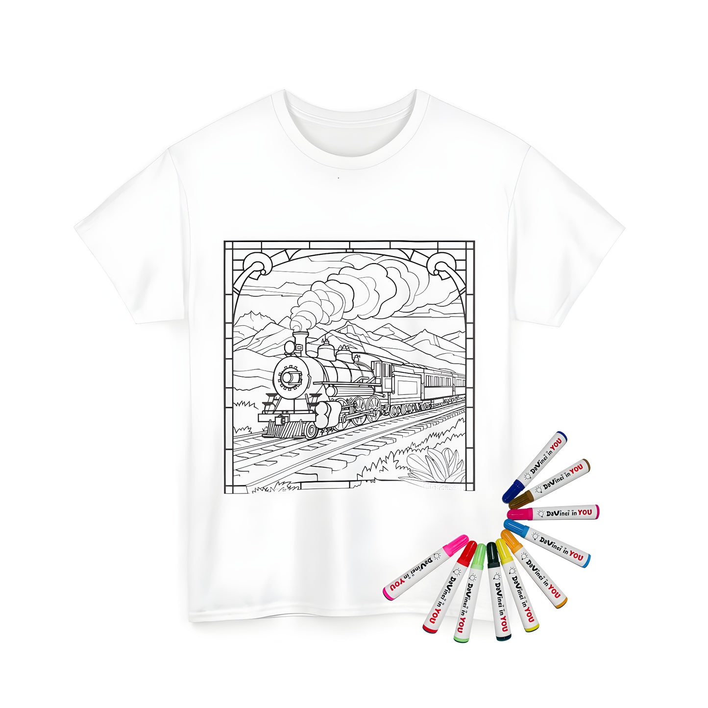 Coloring kit unisex t-shirt with steam train illustration and mountain landscape design