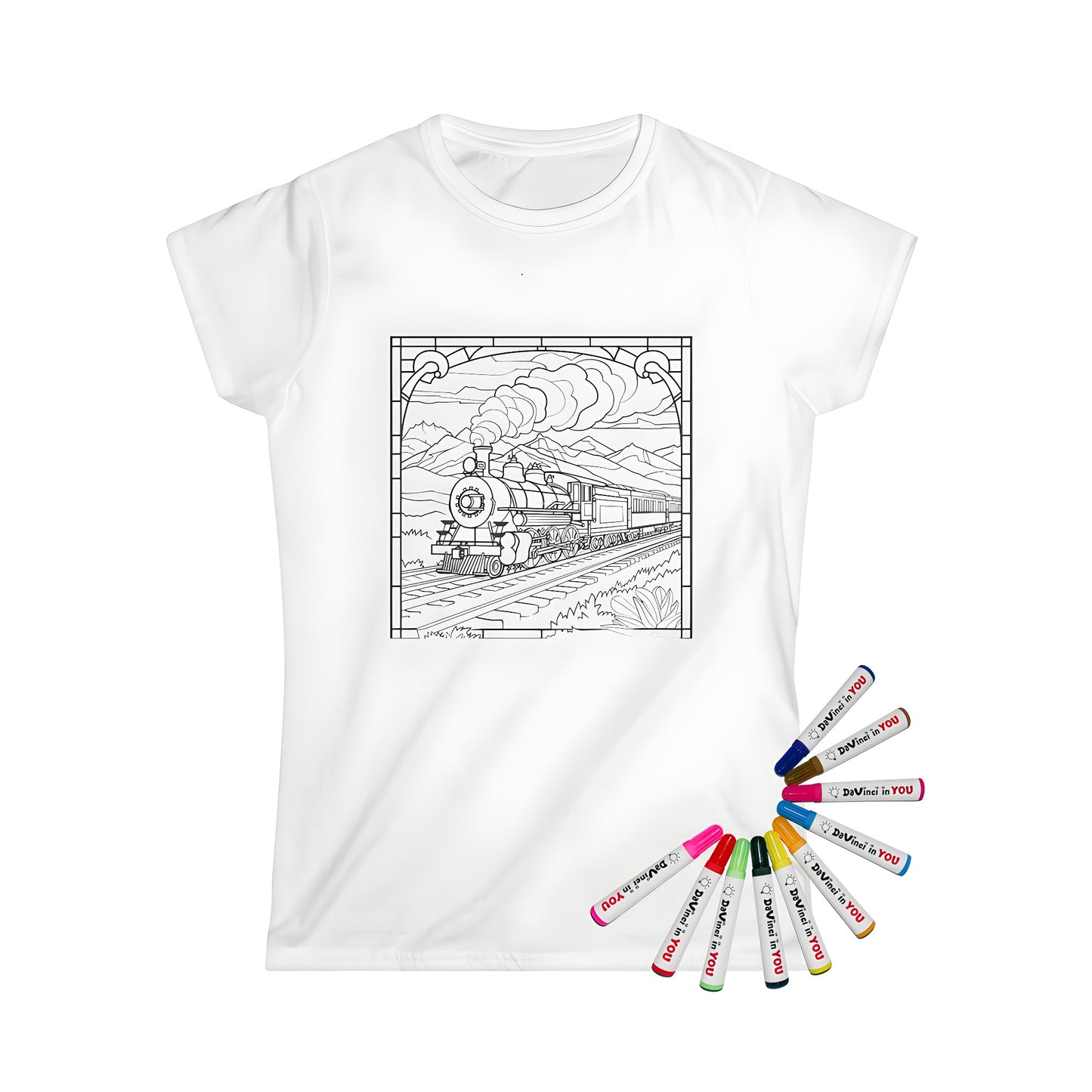 Women's t-shirt with train and mountain coloring page design. Vibrant, colorful illustration of a steam locomotive chugging through the mountains, perfect for adults and kids alike.