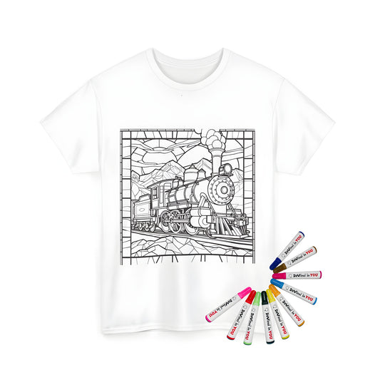 Unisex t-shirt with vibrant steam train design, railroad tracks, and scenic landscape