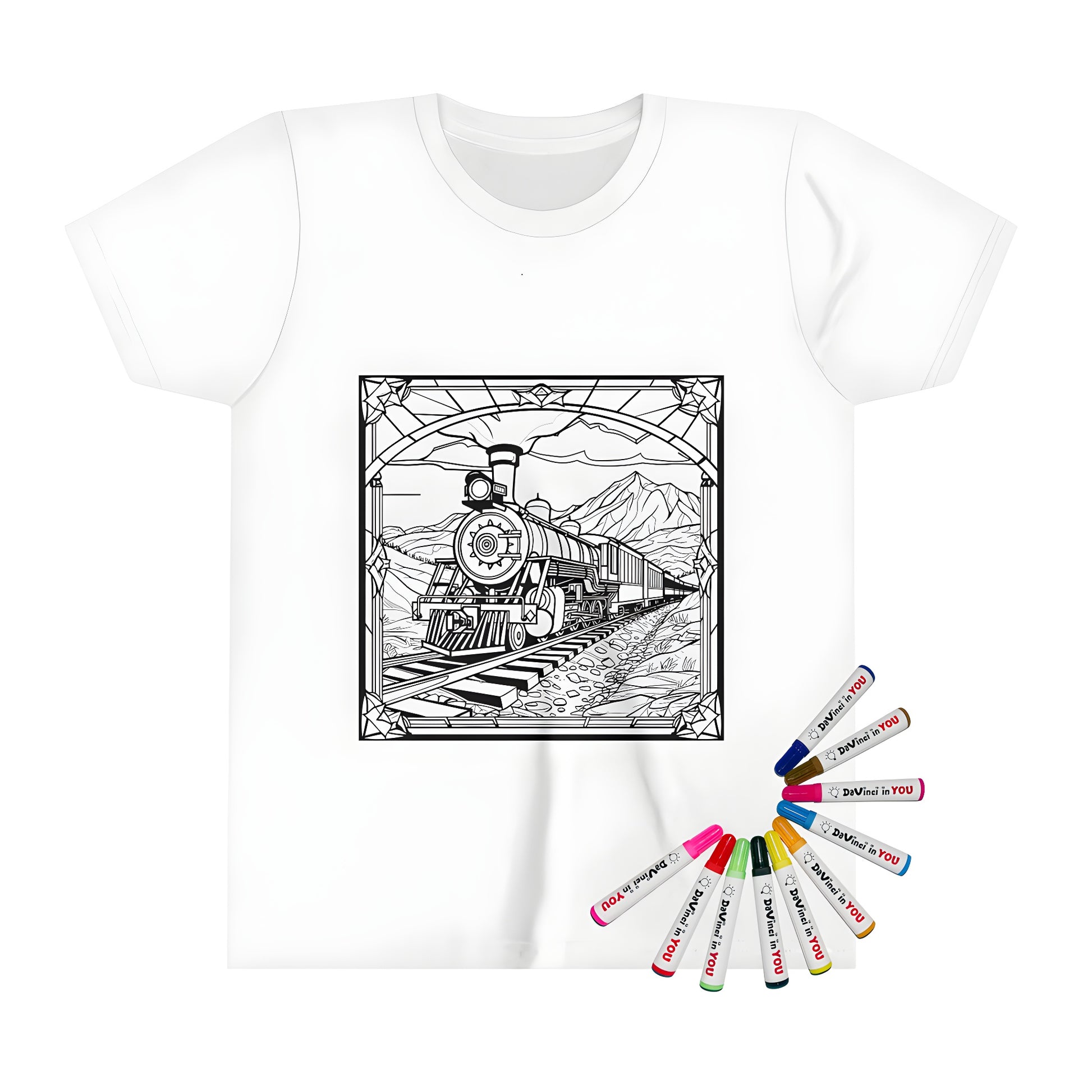 Kid's t-shirt featuring a colorful steam engine train scene on tracks with mountains and stained glass-style border