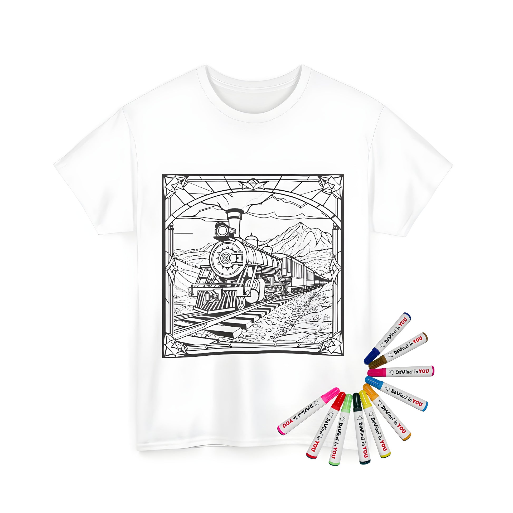 Unisex T-shirt featuring a vibrant steam engine train design on tracks with mountains, framed by a colorful stained glass-style border. Perfect for train enthusiasts and fans of scenic transportation illustrations.