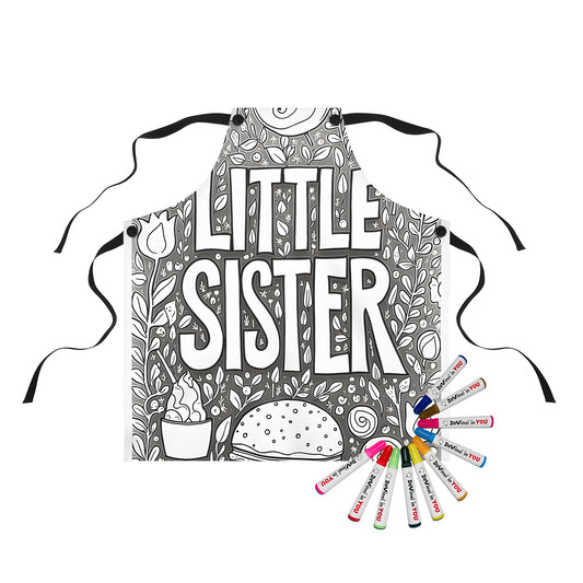 Colourful apron with sibling-themed illustrations of little sister amidst flowers, burger, and dessert - perfect for creative activities and crafts