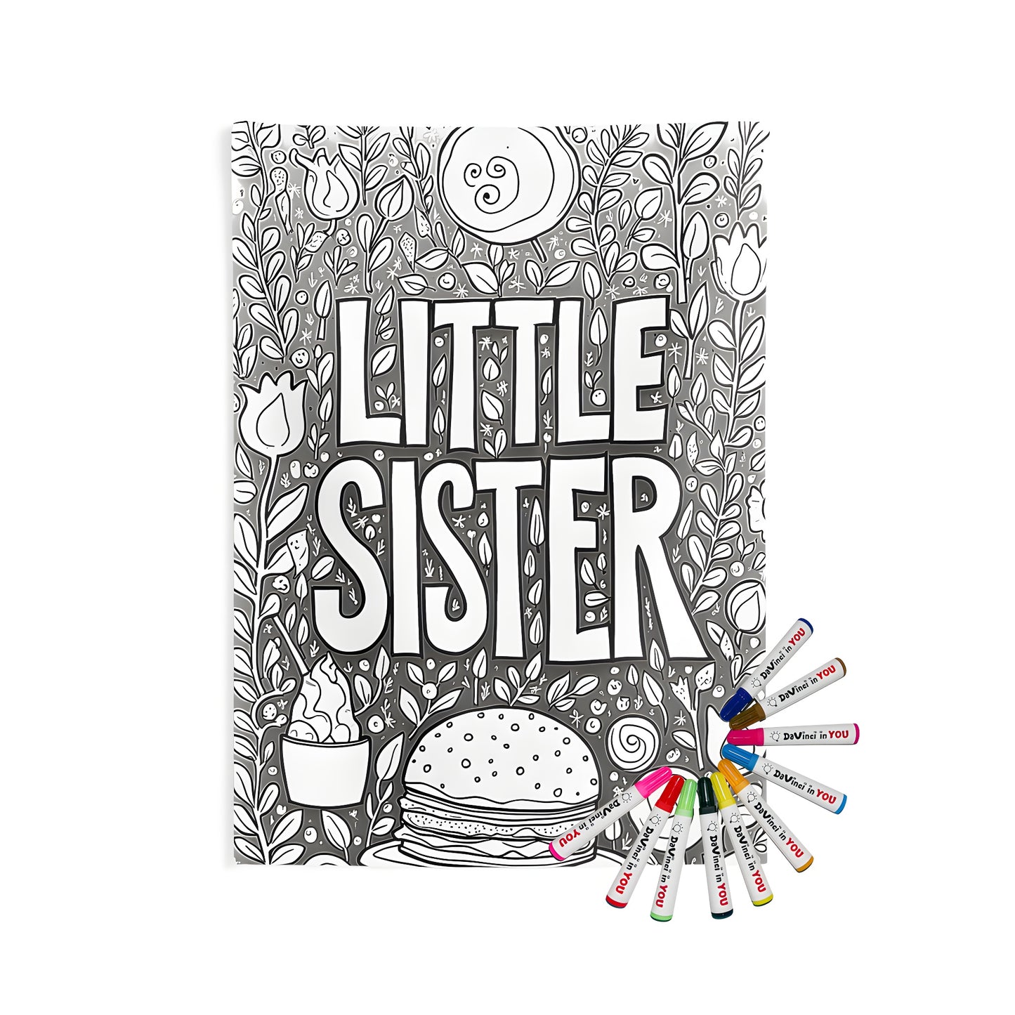 A detailed indoor wall tapestry with a coloring page design featuring 'LITTLE SISTER' amidst flowers, burger, and dessert. Perfect for sisters or siblings' bedrooms.