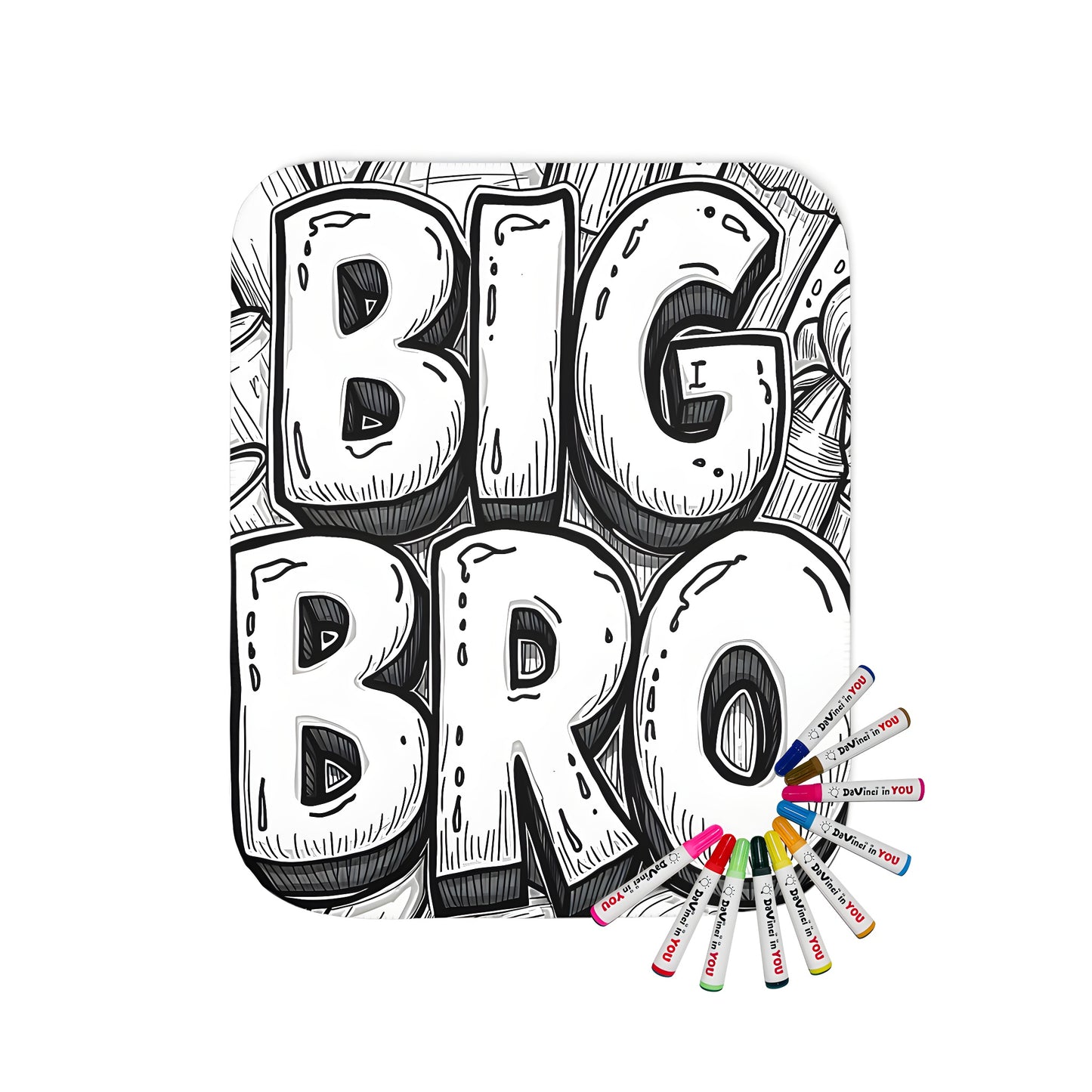 Sibling-themed blanket with colorful fabric markers and monochrome BIG BRO art