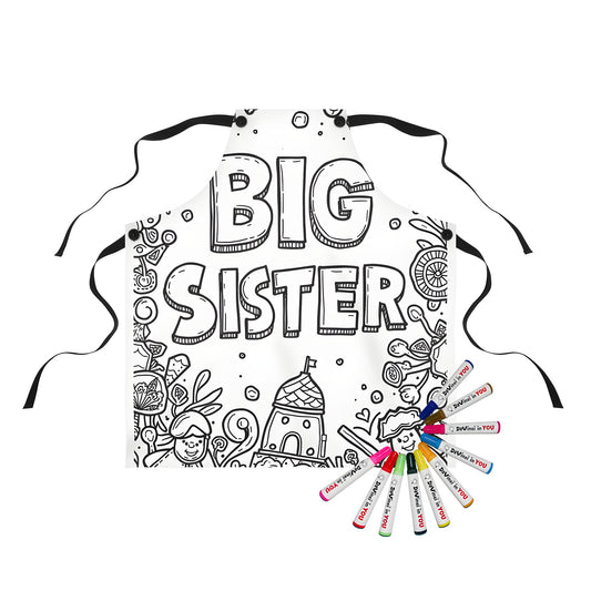 Big Sister, Big Sis, Older Sister Apron for Girls, Fun Doodle Design, Whimsical Cartoon Illustration