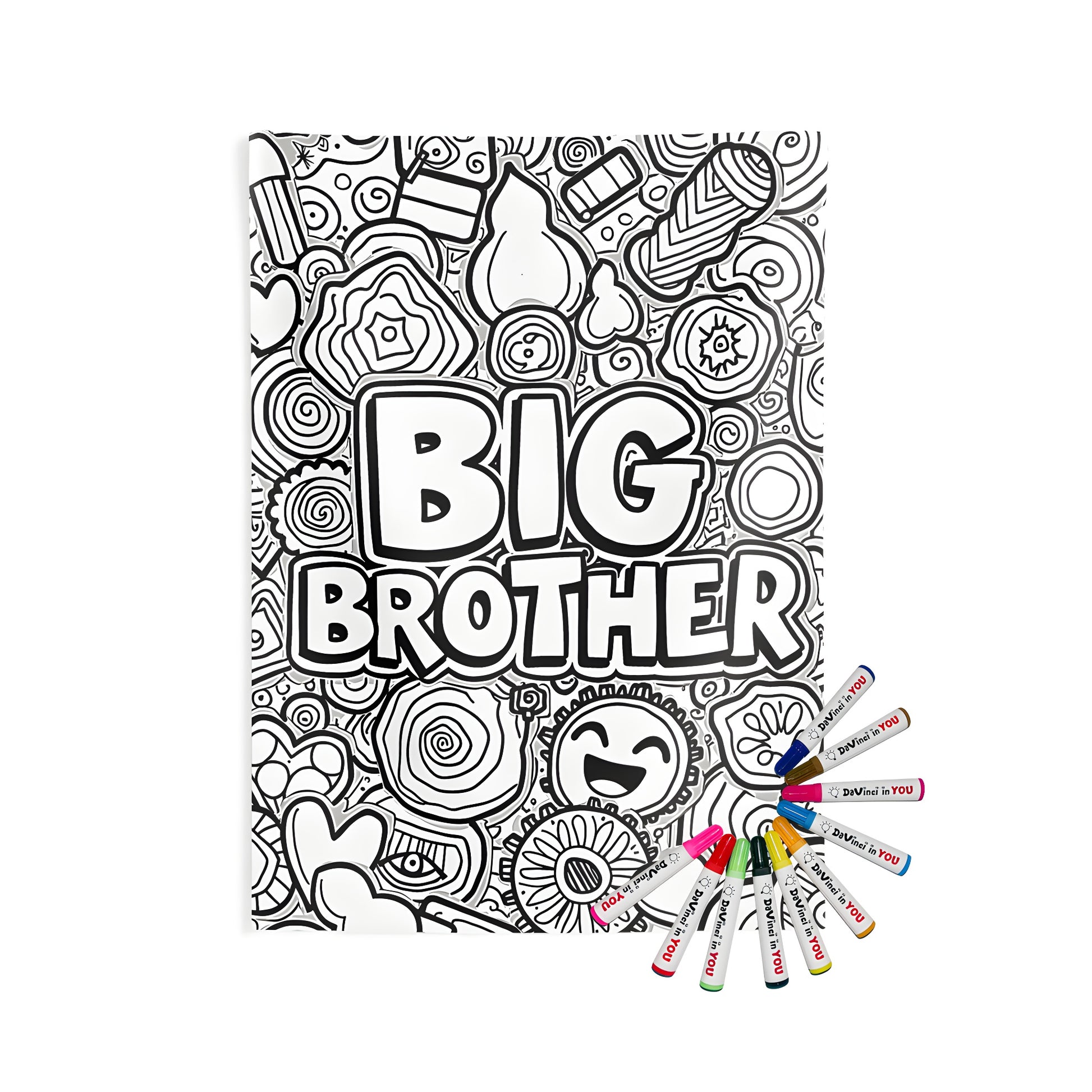 Coloring kit for adults featuring a large Indoor Wall Tapestry with a fun and quirky 'Big Brother' themed doodle art design. Includes hearts, swirls, and happy faces.