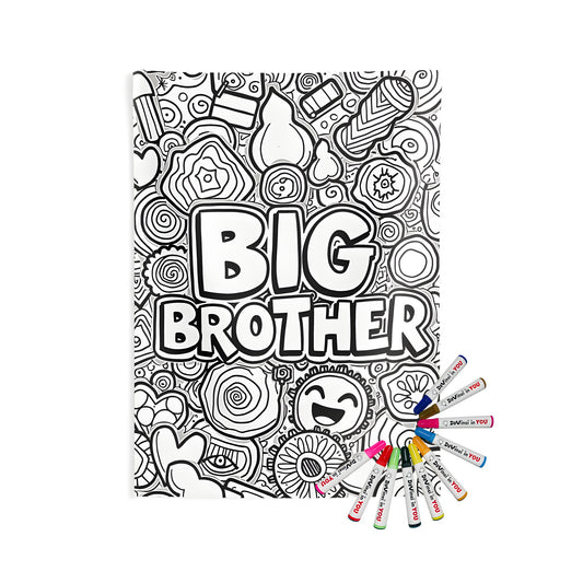 Coloring kit for adults featuring a large Indoor Wall Tapestry with a fun and quirky 'Big Brother' themed doodle art design. Includes hearts, swirls, and happy faces.