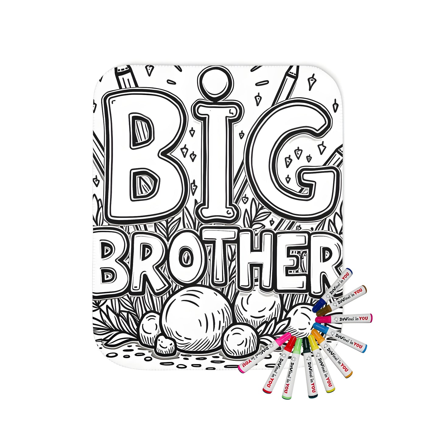 Cozy blanket with brotherly love theme, features a cute black and white illustration of 'Big Brother' surrounded by art supplies, perfect for sibling bedrooms