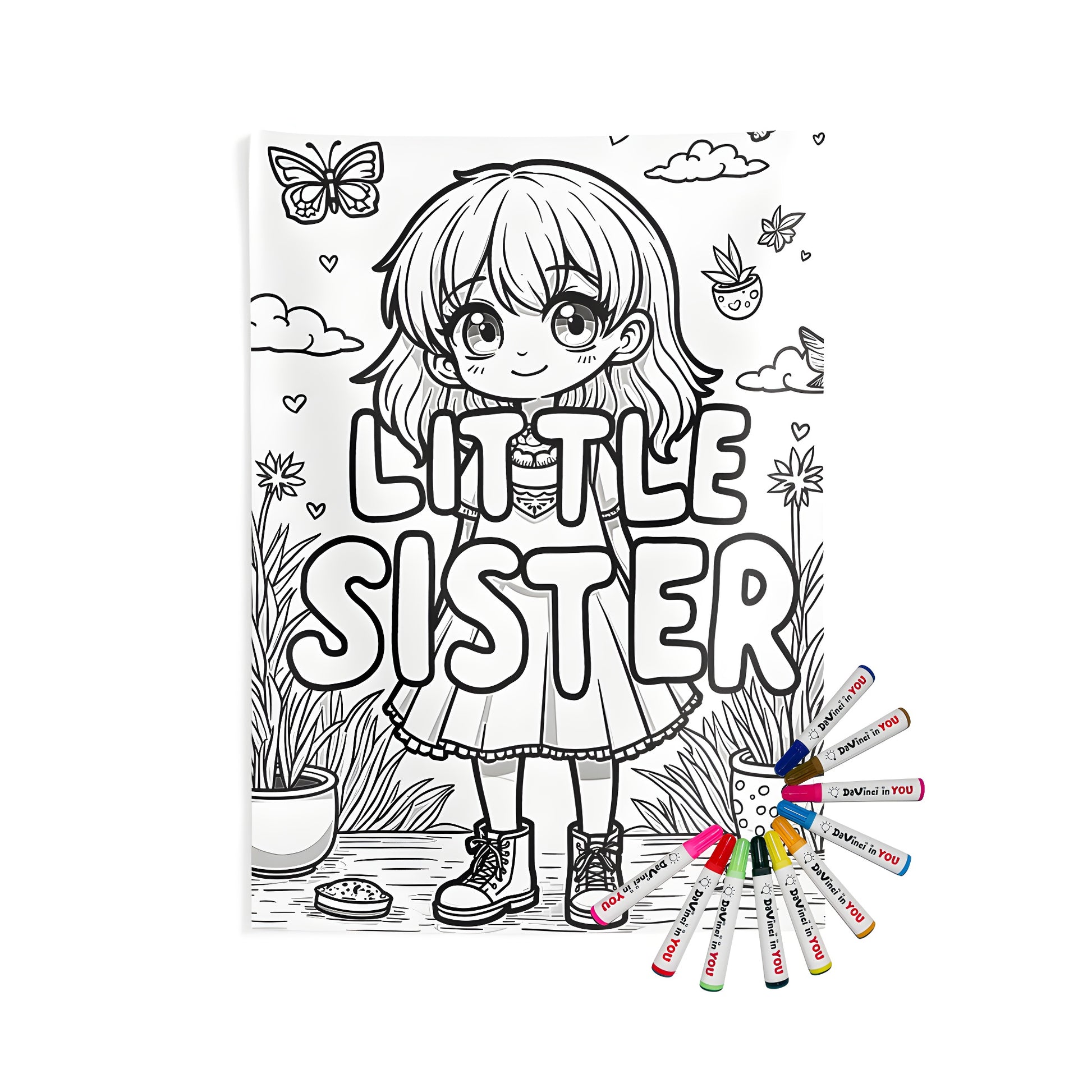 Indoor wall tapestries for girls featuring a cute black and white coloring page of sister with plants, butterflies and 'Little Sister' quote. Perfect gift for big sisters or little siblings.