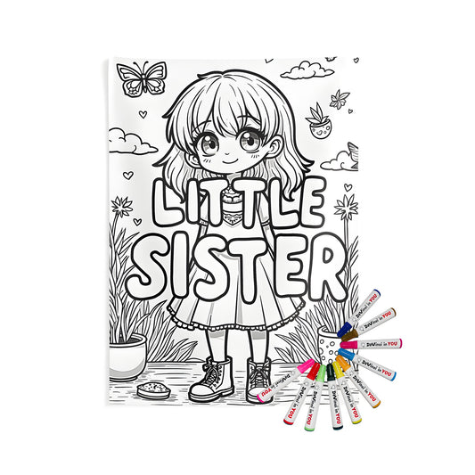 Indoor wall tapestries for girls featuring a cute black and white coloring page of sister with plants, butterflies and 'Little Sister' quote. Perfect gift for big sisters or little siblings.