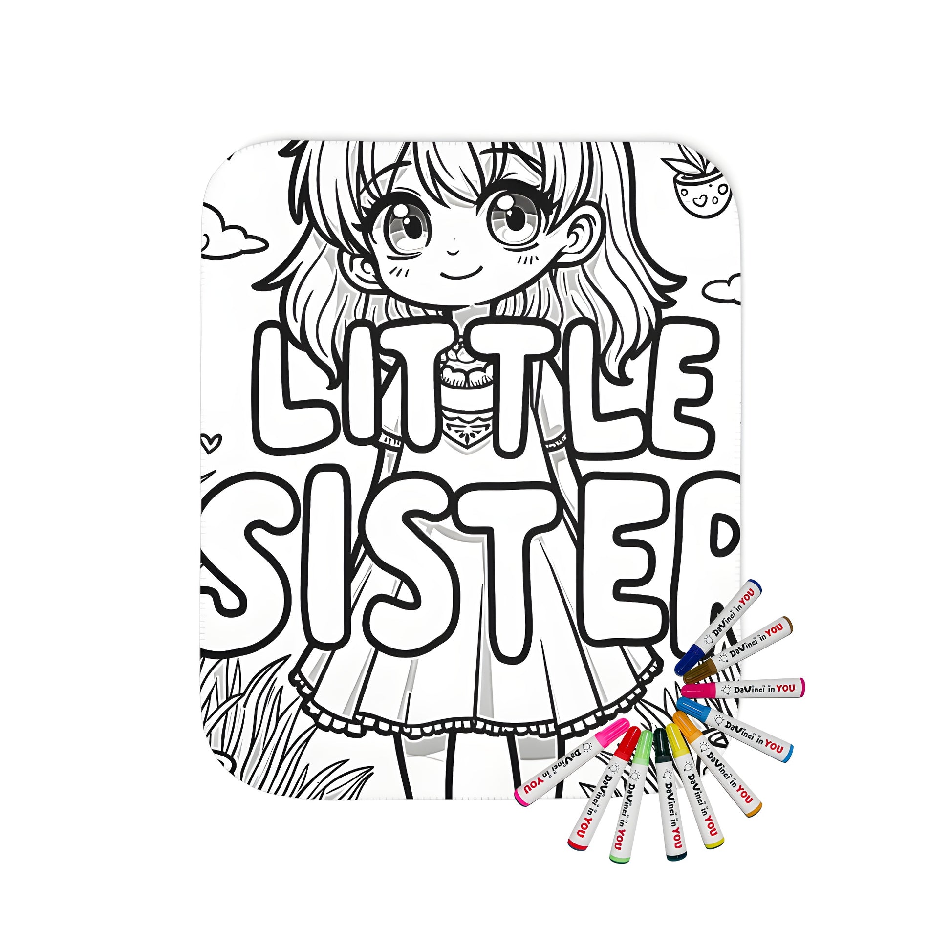 Blanket with cute sister design, featuring a girl surrounded by plants, butterflies and 'Little Sister' text