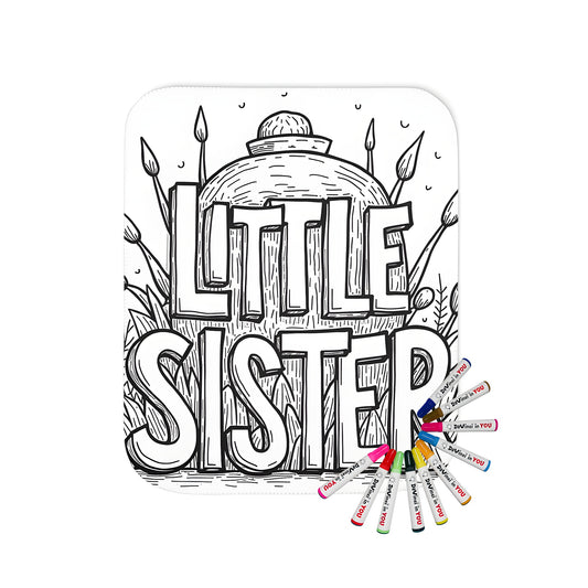 Cozy blanket with a little sister coloring kit featuring 10 vibrant fabric markers for a fun and creative family bonding experience