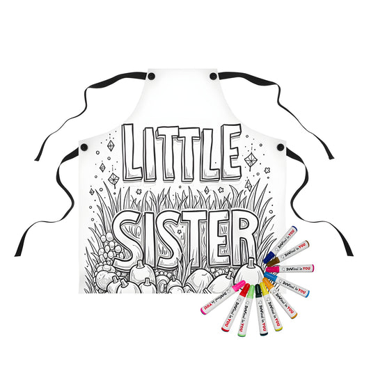 Coloring apron for kids with 'Little Sister' design, Black and white illustration of flowers and plants