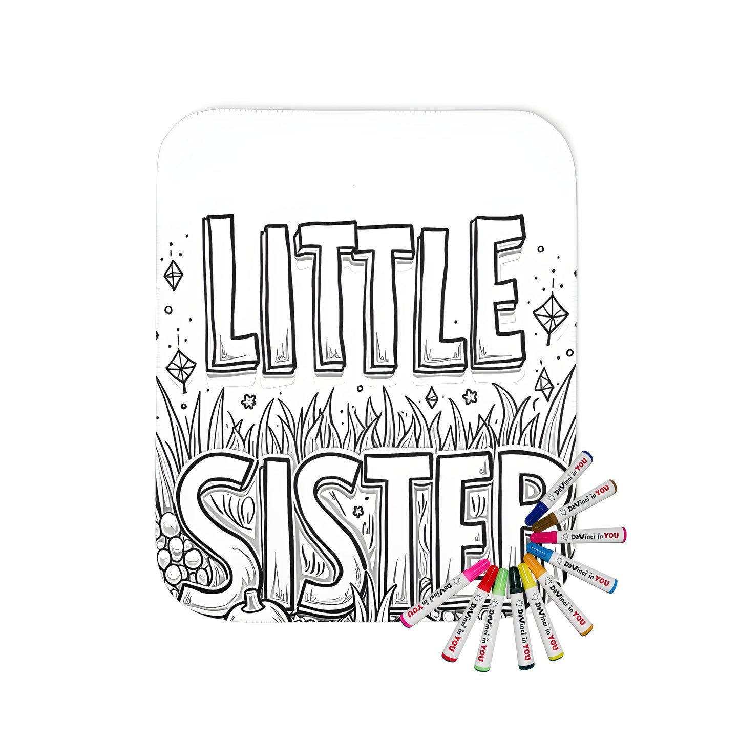 Blanket with colorful Little Sister, sisterly love, little sis illustration, decorative plants and flowers