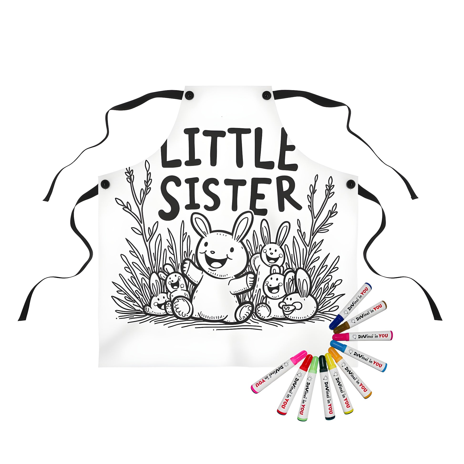 Coloring apron for sister or little sister with cute bunnies and 'LITTLE SISTER' text