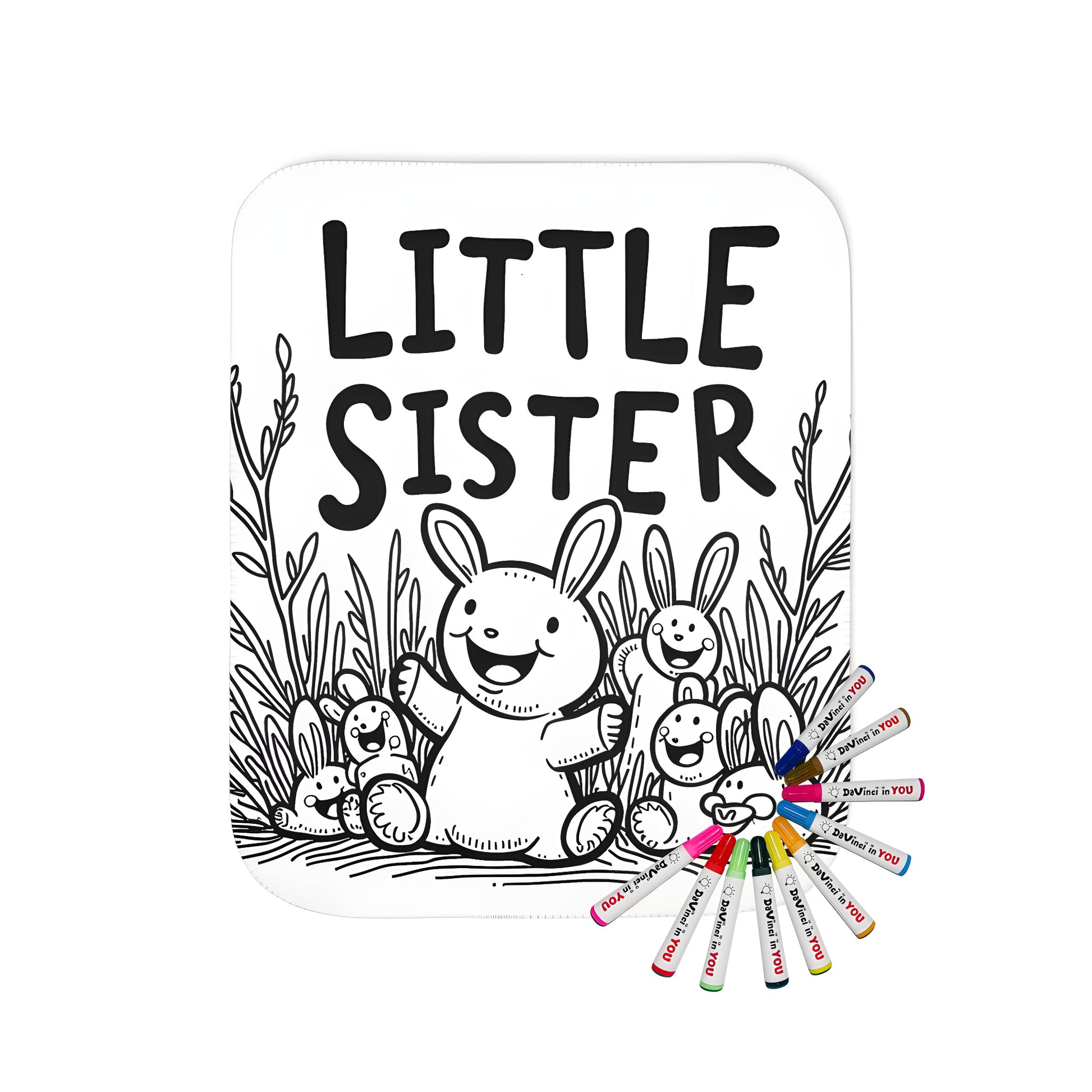 Cozy blanket with cute bunnies illustration and 'LITTLE SISTER' text, perfect for family bonding time