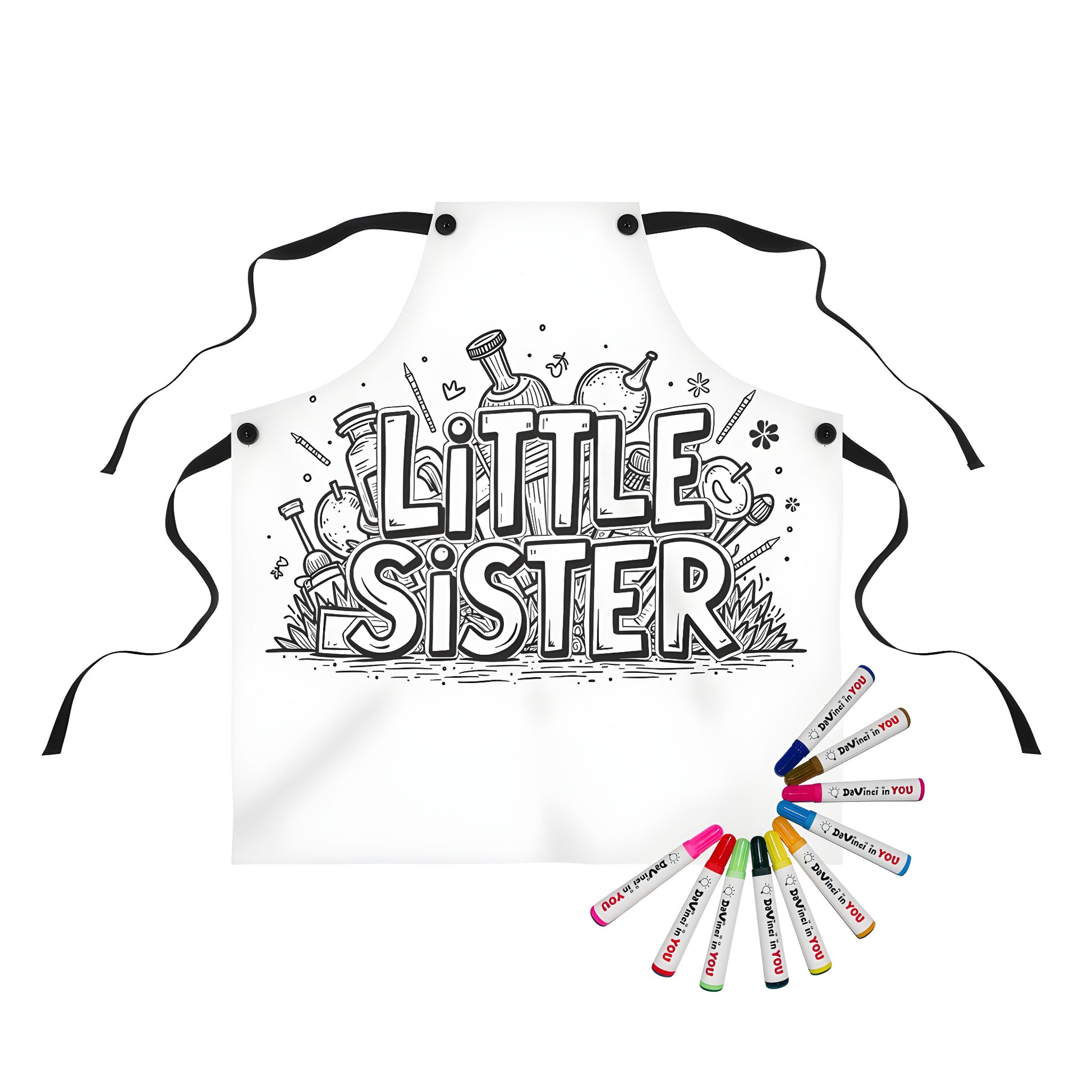 Colouring apron for kids and adults with 10 fabric markers. Black and white illustration featuring 'Little Sister' and decorative doodles, perfect for colouring in a sibling's gift.