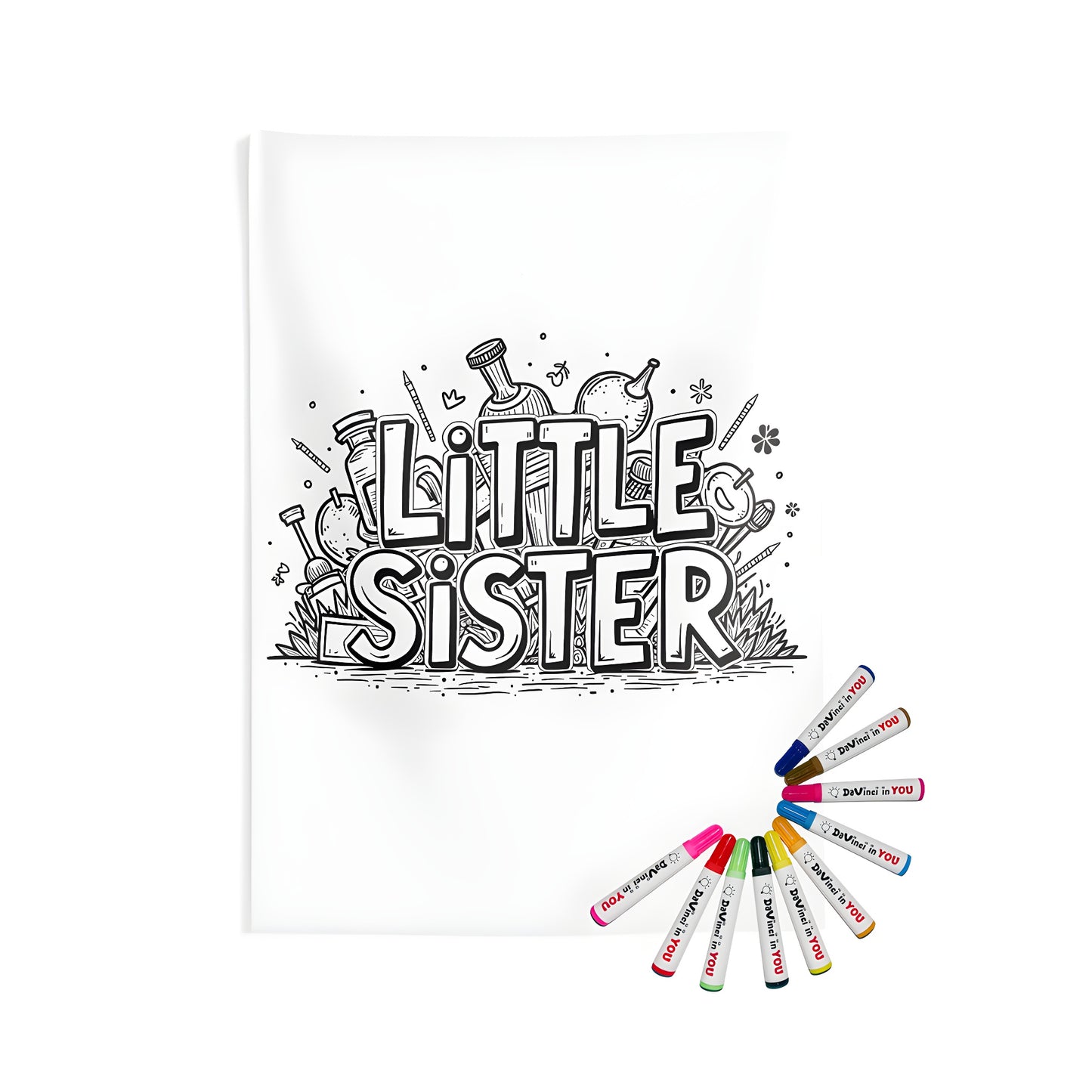 Coloring kit for siblings featuring Little Sister illustration with doodles