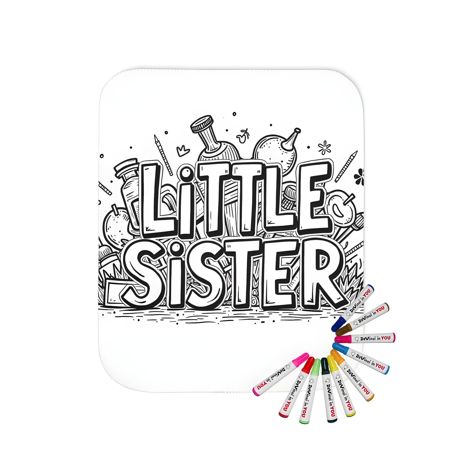 Coloring blanket for siblings or kids, featuring a black and white illustration of little sister with decorative doodles