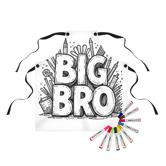 Colorful apron with artistic design featuring 'BIG BRO' surrounded by art supplies