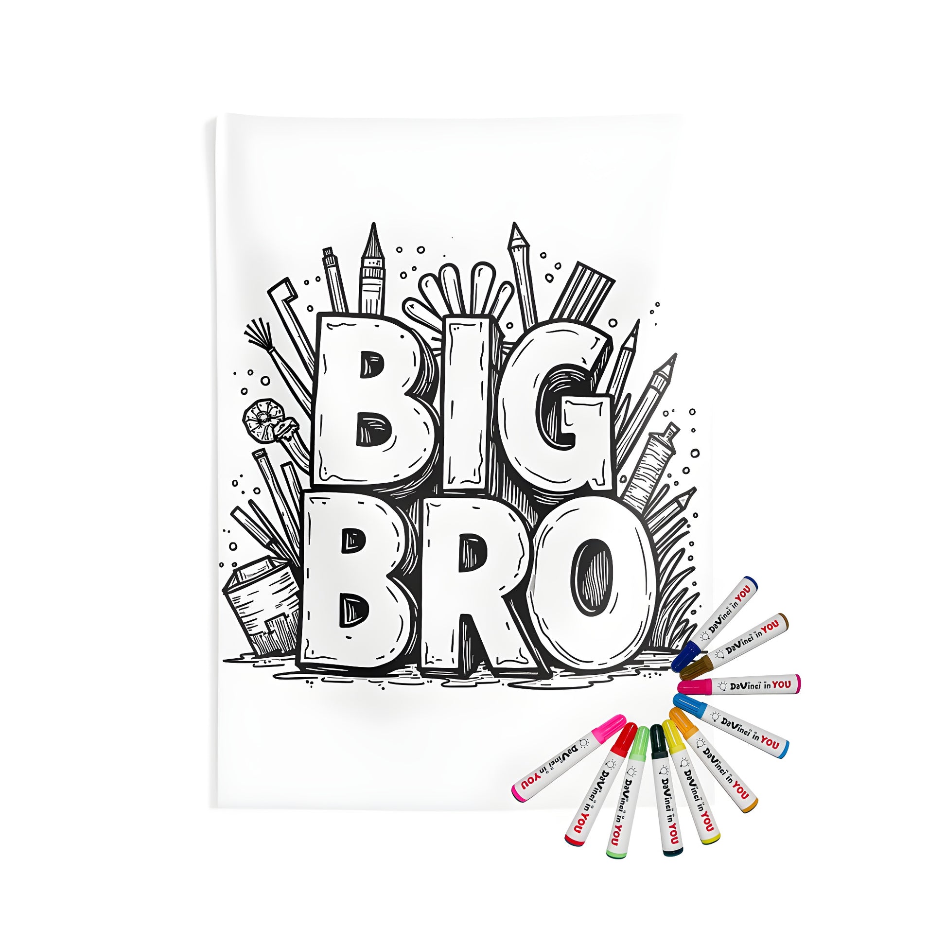 Big Brother wall tapestry, adult coloring book page, colorful fabric markers, indoor decor