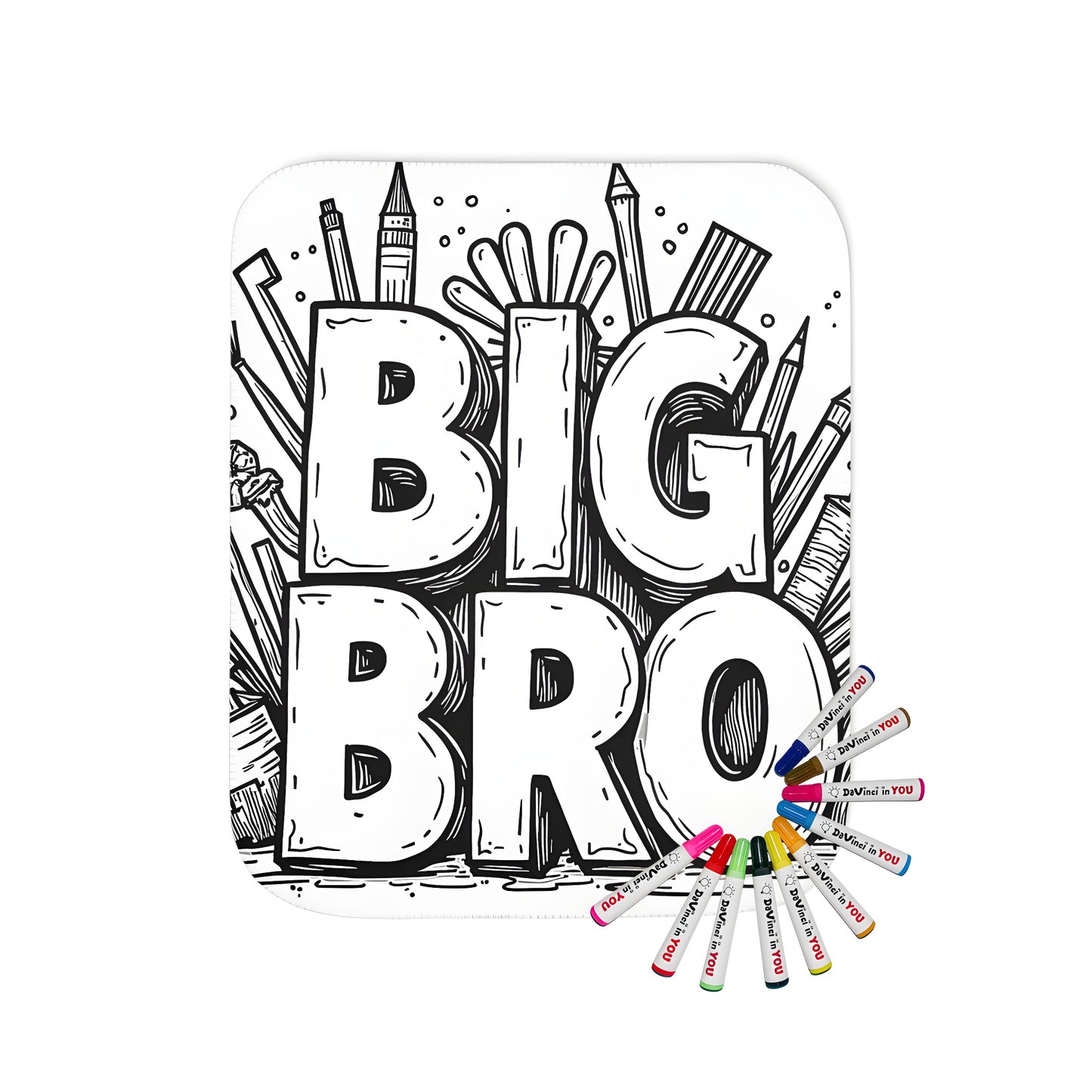 Cozy blanket with a Big Brother design inspired by art supplies and featuring 'BIG BRO' text