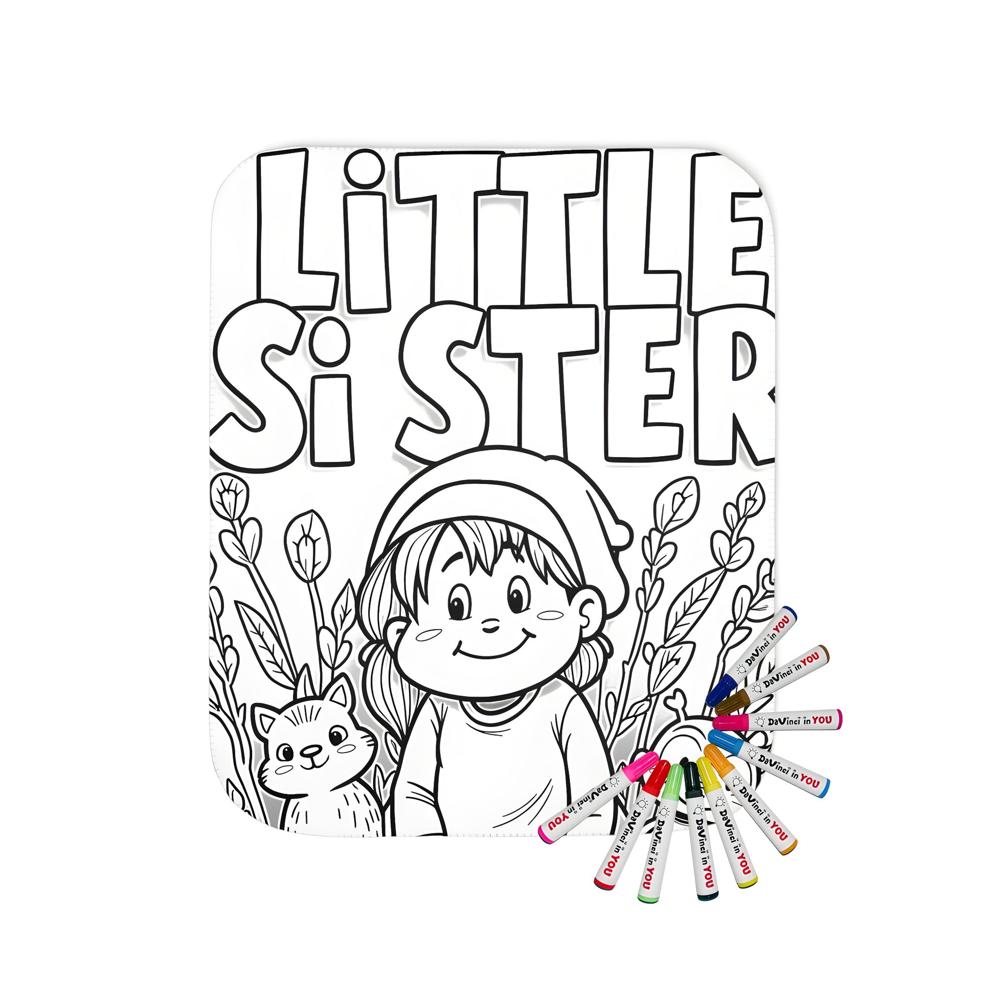 Cute little sister blanket design featuring girl among nature and small animals