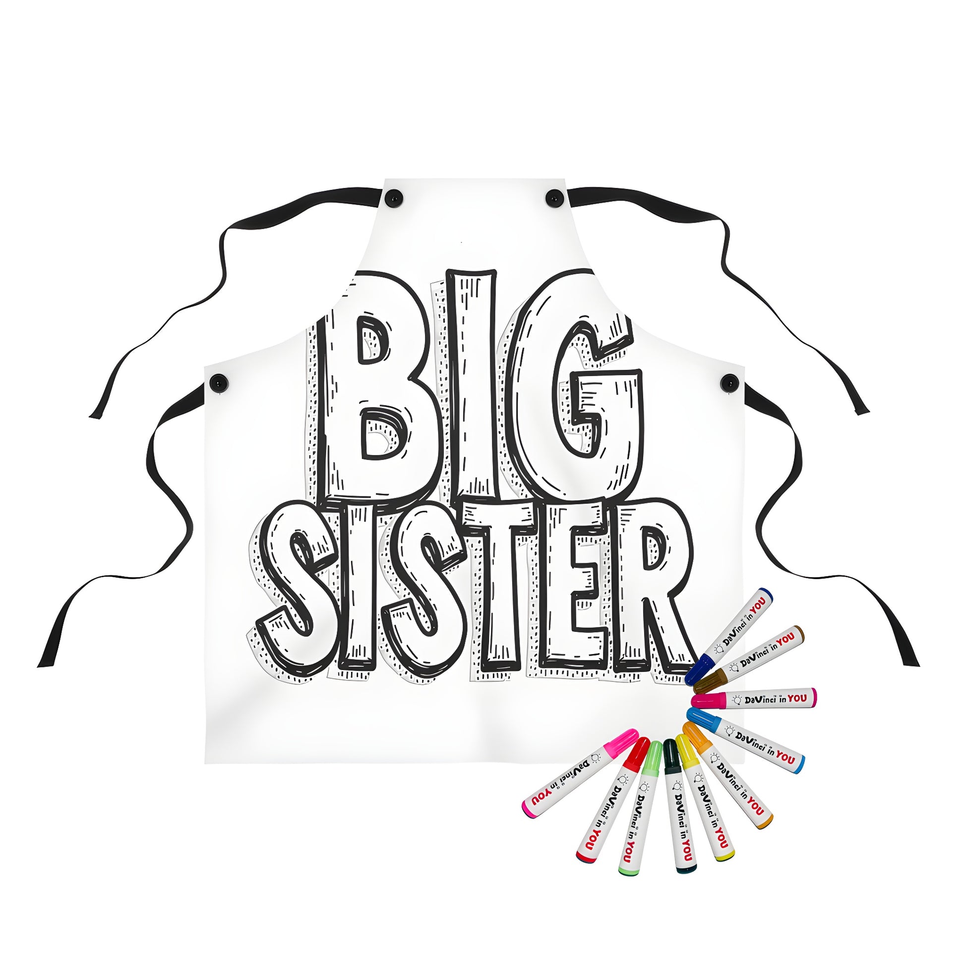 Apron for sibling with bold black and white outline text reading 'BIG SISTER'