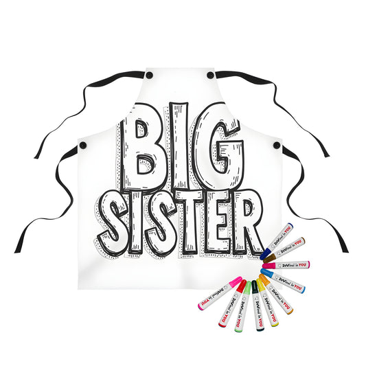 Apron for sibling with bold black and white outline text reading 'BIG SISTER'