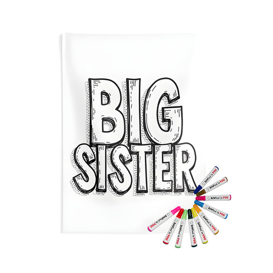 Close-up of an indoor wall tapestry with bold black and white outline text reading 'BIG SISTER' against a plain background. Perfect for siblings, brother sister, sibling love decor.