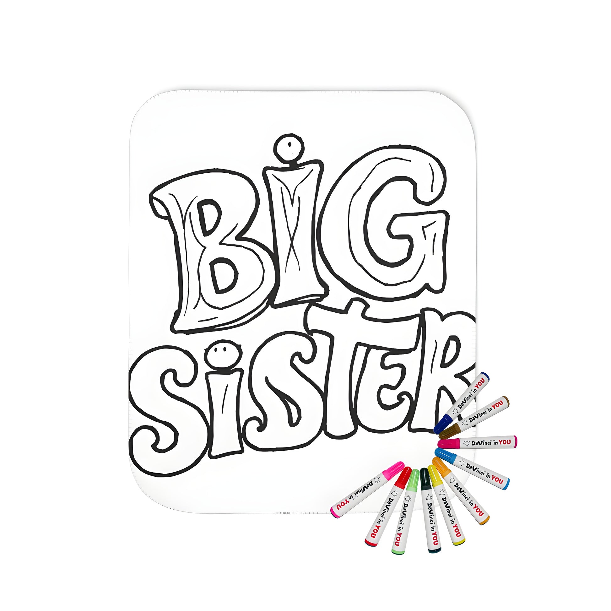 Blanket with sibling design featuring big sister phrase for kids' coloring kits and fabric markers